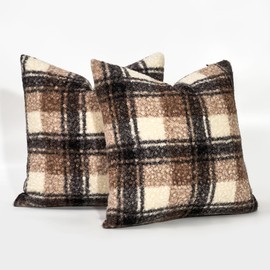 JOJOGOGO Fall Brown Buffalo Plaid Sherpa Pillow Covers 18x18 Set of 2, 18 x 18 Cozy Fluffy Curly Farmhouse Checkered Pillow Covers, Black Tan Brown Fuzzy Sweater Cable Knit Decorative Throw Pillows