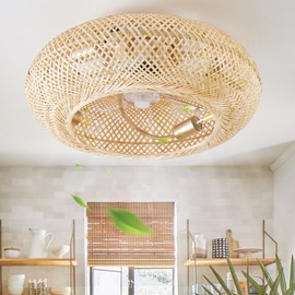 hummingbird 20 Inch Boho Ceiling Fans with Light Flush Mount, Rattan Ceiling Fan with Lights and Remote Control, Enclosed Hand-Woven Rattan Caged for Bedroom Living Room