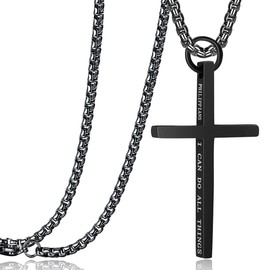 Rehoboth Cross Pendant Necklaces for Men Women Philippians 4:13 Bible Verse I Can Do All Things Stainless Steel Chain 16/20/24/28 Inchs Black Silver Gold (24 inchs,Black)