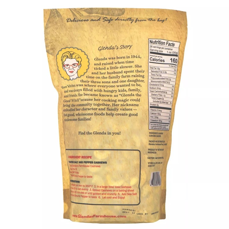 Glenda's Farmhouse Whole Natural Cashews Unsalted Unroasted, 26 Ounce