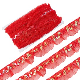 GORGECRAFT 13Yds Pleated Organza Lace Ribbon Red Satin Mesh Tulle Fabric Gathered Mesh Sequin Stretch Ruffled Ribbon 1-1/8" Elastic Edge Trim Fibre Edging Trimmings for Sewing Craft Wedding Dress
