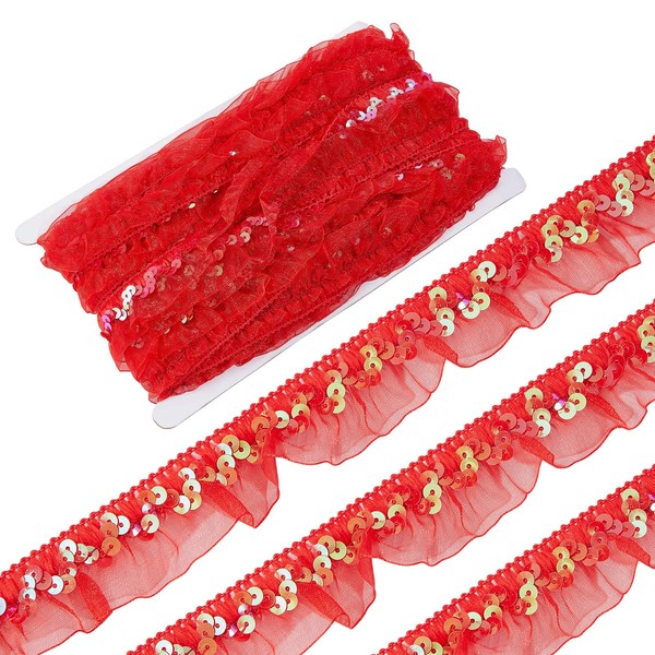 GORGECRAFT 13Yds Pleated Organza Lace Ribbon Red Satin Mesh Tulle
