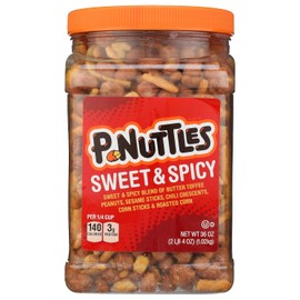 P-Nuttles Sweet & Spicy Snack Mix, 36 Oz Jar (Pack of 1) - Ideal Bar Mix - Butter Toffee Covered Peanuts with Sesame Sticks, Chili Crescents, Corn Sticks & Roasted Corn - Kosher Certified Nut Snacks