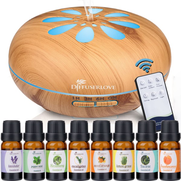 Diffuserlove 550ML Essential Oil Diffuser Humidifiers Wood Grain Cool Mist Humidifiers Ultrasonic Remote Control Aroma Diffusers for Home Bedroom Yoga Office Spa