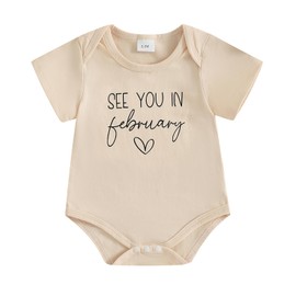 woshilaocai Baby Announcement Bodysuit Pregnancy Reveal Idea&New Baby Surprise Gift for Grandparents, Husband, Family (See You in February-Beige,Newborn)