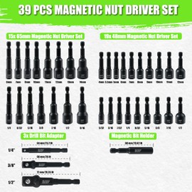 SUNHZMCKP 39Pcs Magnetic Nut Driver Set for Impact Drill, Metric & SAE Impact Hex Nut Driver Drill Bit Master Kit, Impact Driver Bit Set with 1/4" Hex Shank, Quick-release Bit Holder, with Toolbox