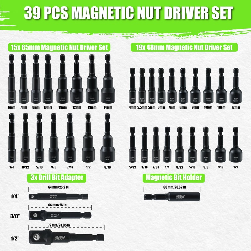 SUNHZMCKP 39Pcs Magnetic Nut Driver Set for Impact Drill, Metric