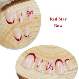MERVF Medium Press on Nails Round Fake Nails Red French Tip Glue ons Bow Star Cute Oval Rhinestones Acrylic False Nail for Women Glossy 24pcs