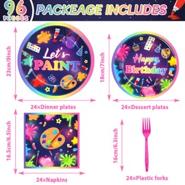 Justforjoyful 96Pcs Art Painting Birthday Party Plates and Napkins Neon Glow Party Decorations Paint Splatter Party Disposable Tableware Set for Kid Let’s Paint Happy Birthday Favors Supplies Serve 24