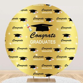Renaiss 7.2x7.2ft Congrats Graduates Round Backdrop Cover for Photoshoot Boy Girl Man Woman Portrait Golden Black Grad Cap Diploma Circle Photography Background Graduation Party Decor Photo Booth Prop