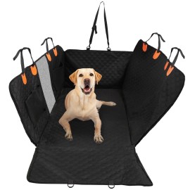 Waterproof Dog Car Back Seat Cover 600D Oxford Cloth Pet Protector with Zipper Mesh Window Storage Bags and Slide FlapsColor: Black Color