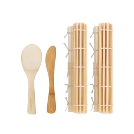 BambooMN Sushi Making Kit 2 Sets of 2x Natural Rolling Mats, 1x Rice Paddle, 1x Spreader | 100% Bamboo Mats and Utensils