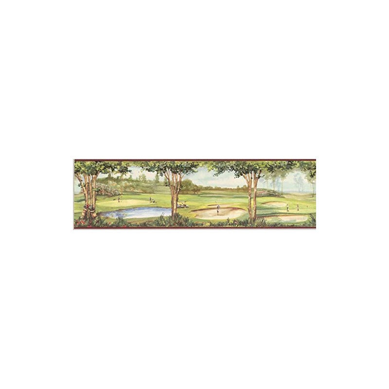 Blonder Golf-Themed Wallpaper Border, Neutral with Green and Blue Accents,