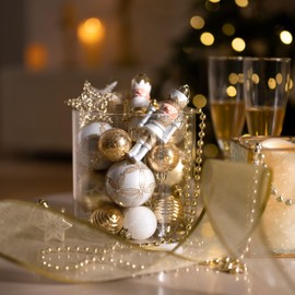 Valery Madelyn Assorted Christmas Baubles Set 50pcs, White and Gold Christmas Ball Ornaments for Xmas Tree Decorations