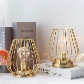 TRIROCKS 2 Set ofMetal Battery Operated Lamp 7'' Tall Mini Cage Shape Cordless Table Lamp Battery Lanterns with Warm Fairy Lights Bulb for Patio Garden Wedding Parties Indoor Outdoor(Gold)