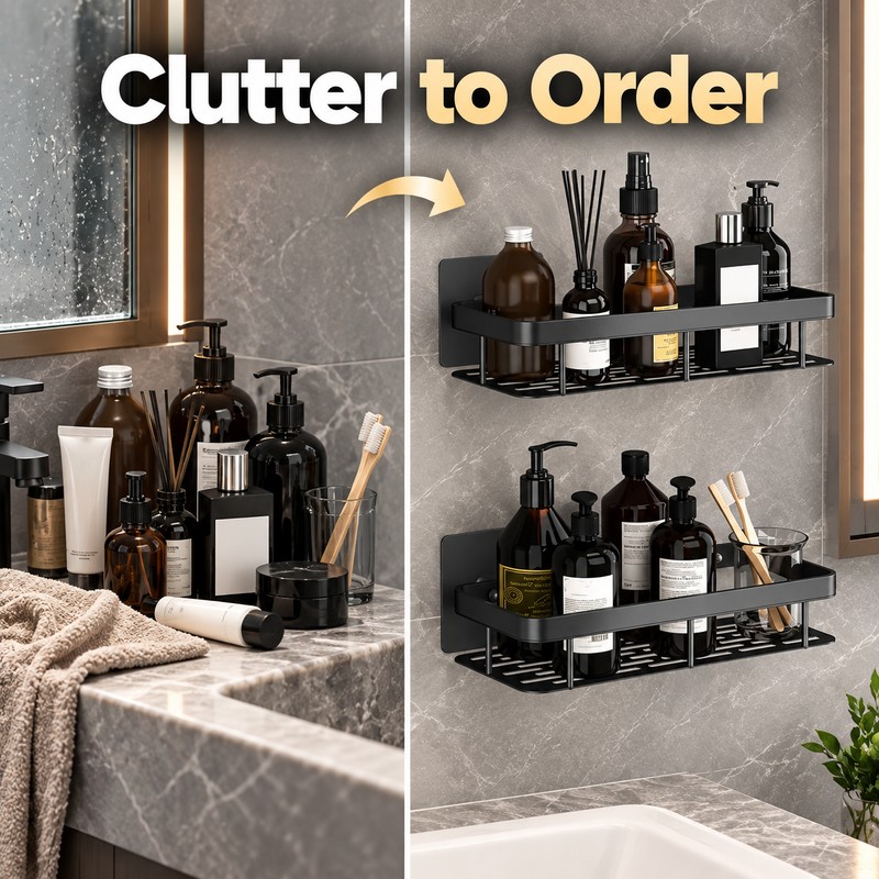 2pcs Aluminum Alloy Bathroom Shower Shelf – No-Drill Shampoo Rack
