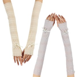 MANJIAMEI UV Sun Protection Gloves for Women, 2 Pairs Ice Silk Cooling Arm Sleeves with Thumb Hole, Sunblock Fingerless Gloves Cycling Gloves for Summer Driving Hiking Outdoor Activities (Grey/Beige)