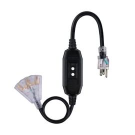 Ultra Explorer 3 Ft Lighted GFCI Extension Cord with 3 Electrical Power Outlets - 12/3 SJTW Heavy Duty Black Pigtail Extension Cable with 3 Prong Grounded Plug for Safety, UL Listed