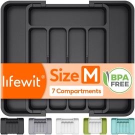 Lifewit Silverware Drawer Organizer, Expandable BPA Free Utensil Tray for Kitchen, Adjustable Flatware and Cutlery Holder for Spoons Forks Knives, Plastic Kitchen Organizers and Storage, Black