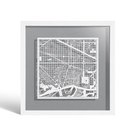 O3 Design Studio - Mappa tagliata di Barcellona incorniciata, mappa bianca, cornice bianca, 22,9 x 22,9 cm, opera d'arte in taglio di carta, confezionata in scatola regalo, 4 colori di sfondo