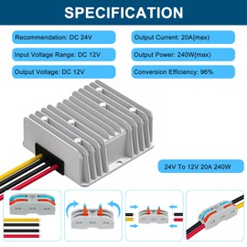 DC Voltage Reducer DC 24V Step Down to 12V 20A 240W Voltage Regulator Power Converter Waterproof Module Transformer for Golf Cart Club Car Truck
