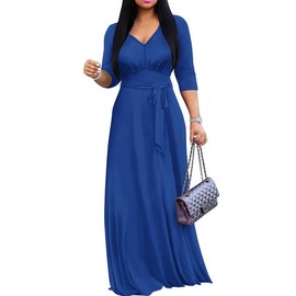 MarryUP Long Maxi Dresses Woman Casual 3/4 Sleeves V Neck Wrinkle Swing Dress with Belt 2025 Royal Blue M