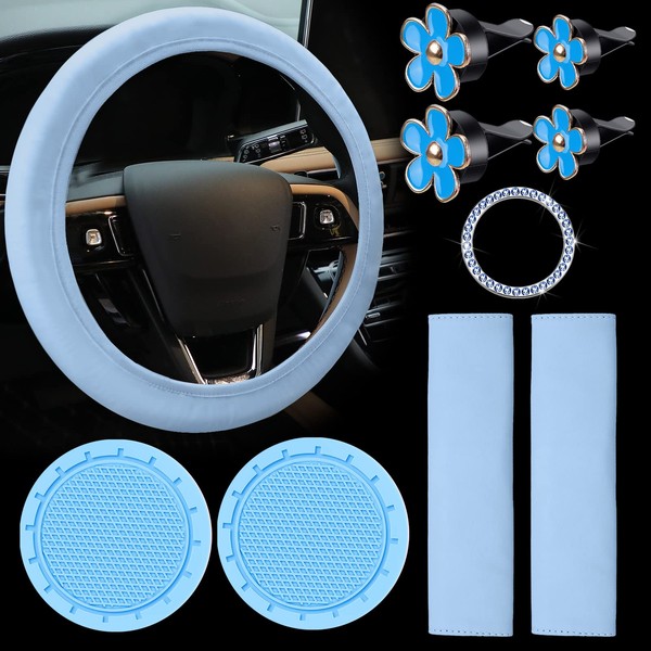 10 Pcs Leather Steering Wheel Cover for Women Cute Car Accessories Set with Seat Belt Shoulder Pads Seatbelt Covers Cup Holders Bling Start Button Ring Sticker Air Vent Clip Car Accessories(Blue)