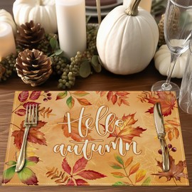 Bonhause Fall Maple Leaves Placemats Set of 4, 12x18 Inch Autumn Leaf Thanksgiving Kitchen Dinning Table Mats Washable Place Mats for Indoor Outdoor Home Party Decor