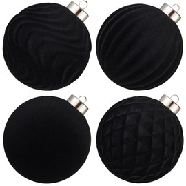 Large Velvet Christmas Ball Ornaments - 4 Inch Flocked Christmas Balls Shatterproof Decorative Hanging Ornaments Set for Xmas Tree Holiday Wedding Party Decor (Black, 4pcs)