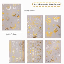 Gold Temporary Tattoos 6 Sheets Festival Metallic Body Tattoos Gold Flash Tattoos Adult Metallic Gold Tattoo Waterproof for Festival Christmas Party Halloween Women Girls Adults