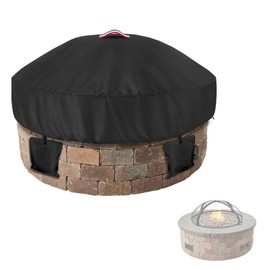 Outdoor Round Built in Stone Fire Pit Cover,Heavy Duty 600D Waterproof Cover for 50In-57In Fire Pit with Spark Screen,All-Weather Protection Round Fire Pit Cover for In Ground Brick Fire Pit,Black