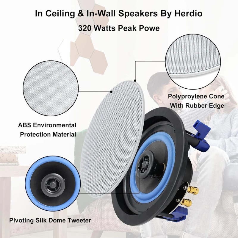 Herdio Bluetooth Ceiling Speakers Wired+4Channel Amplifier Receiver Theater Home