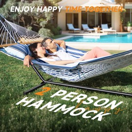 Everyfun Double Hammock with Stand, 500LBS Capacity, Quilted Polyester Pad, Portable & Adjustable, Includes Storage Bag, Easy to Assemble, Perfect for Indoor & Outdoor Use, Blue Stripe