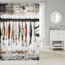 Feelyou Kids Fish Hook Bath Curtain Bass Fish Shower Curtain Rustic Lake Fishing Bathroom Accessories Boys Girls Farmhouse Teens Bedroom Decor 72"x78"