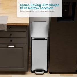 Home Zone Living 12 Gallon Slim Kitchen Trash Can with Soft Close Lid, Step Pedal, Bag Tuck Band, and Removable Liner, Stainless Steel, Silver