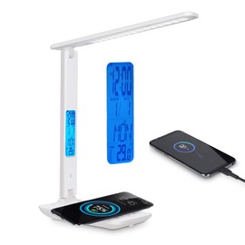 SIC LED Desk Lamp, Wireless Phone Charger and USB Port, 5 Brightness Levels, Foldable with Alarm Clock, Calendar, Temperature Display, Suitable for Children's Room, Office (White)