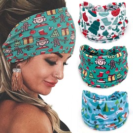Bohend Christmas Headbands Stretch Knotted Headbands 3Pcs Head Bandana Non Slip Elastic Snowman Head Bands Workout Yoga Sweatband Hair Accessories for Women and Girls (F)