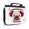 Toiletry Bag with Names Melinda and Headphones – Pug Birthday