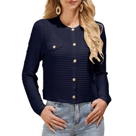 GRACE KARIN Women's Button Cardigan Long Sleeve Crew Neck Knitwear Summer Sweater Cardigans Navy Blue L