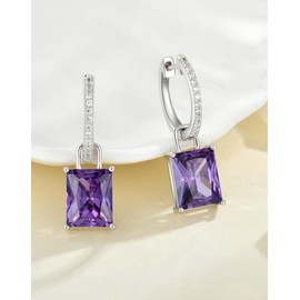 Guesma Purple Amethyst Cushion Princess Emerald Cut Hoop Earrings Women - 10x8mm Solid Sterling Silver 18K White Gold Plated Dangle Drop Leverback Created Birthstone Jewelry