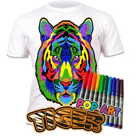 Splat Planet Color-in Tiger Pop Art T-Shirt with 10 Non-Toxic Washable Magic Pens - Color in and Wash Out T-Shirt (9-11 Years) White