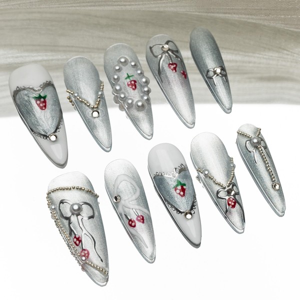 Sun&Beam Nails Handmade Press-on Long Amlond Silver Red White Rhinestone