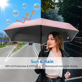 Compact Mini Windproof Travel Umbrella-UPF 50+ Sun & Rain Protection, Small Folding Design Fits in Pocket or Purse, Lightweight Portable with Case for Women, Men & Kids (Pink)