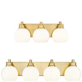 METWET Bathroom Light Fixtures, 3-Light and 4-Light Brushed Gold Vanity Light, Modern Wall Sconces with Milk White Globe Glass Shade, Vanity Lighting Fixtures Over Mirror, VL195