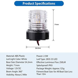 12V LED Navigation Anchor Light White 360° Boat Light Navigation Marine Strobe Light Led All Round White Light