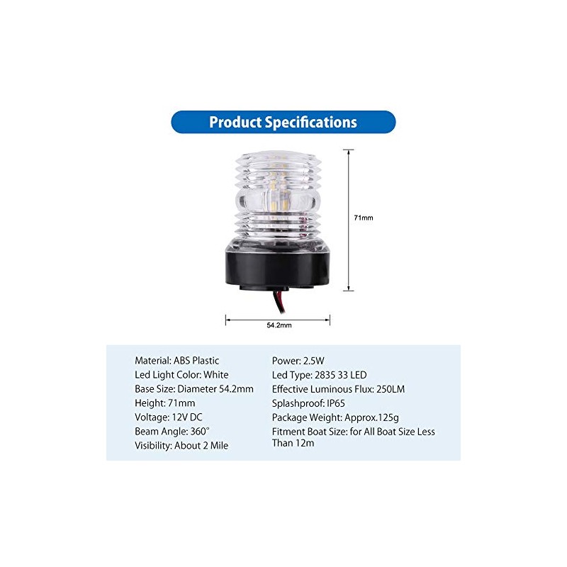 12V LED Navigation Anchor Light White 360° Boat Light Navigation