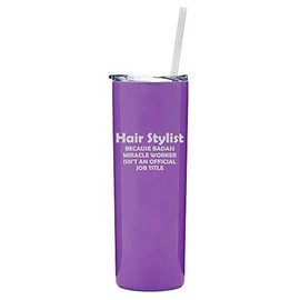 20 oz Skinny Tall Tumbler Stainless Steel Vacuum Insulated Travel Mug With Straw Hair Stylist Miracle Worker Job Title Funny (Purple)