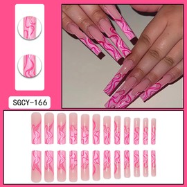 Press on Coffin Nails Long Length Glossy Full Cover Acrylic Extra Long Square False Nails with Designs Artificial Ballerina Square Fake Nails with Charm Glue ons Nails Fingernails for Women(SGCY166)