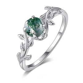 Angol Natural Moss Agate Ring 925 Sterling Silver Leaf Ring Engagement Promise Rings for Women Jewelry Gift (8, Silver)