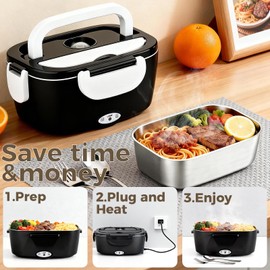 CDBEEE Electric Lunch Box Food Heater - 80W Fast Heating, 1.5L Heated Lunch Box Leak-Proof 304 Stainless Steel Portable Food Warmer, (12V/24V Car/Truck & 113V Home), Ideal for Work/Travel